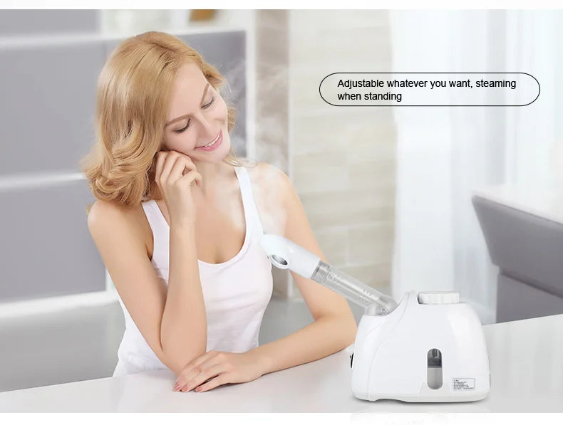 Woman using a white portable facial steamer for skincare, hot ozone mist spray for home facial spa and hydration.