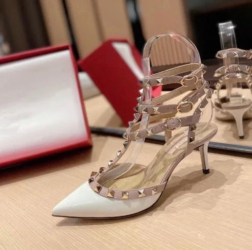 High-heel studded leather women's pumps, painted leather sexy women's sandals