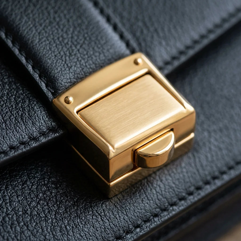 Black genuine leather trunk handbag with textured cowhide grain and a polished gold rectangular metal clasp closure.