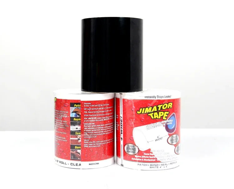 Waterproof repair tape rolls: black roll and white roll with red label packaging