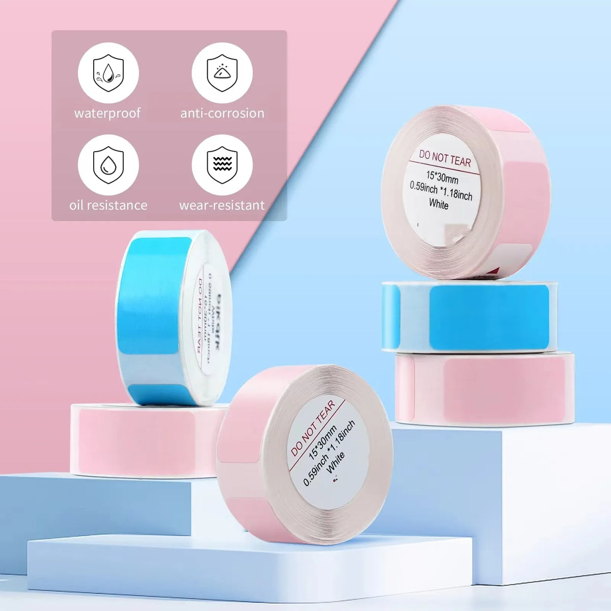 Thermal label roll set with blue and pink colored label bands and sample label circle