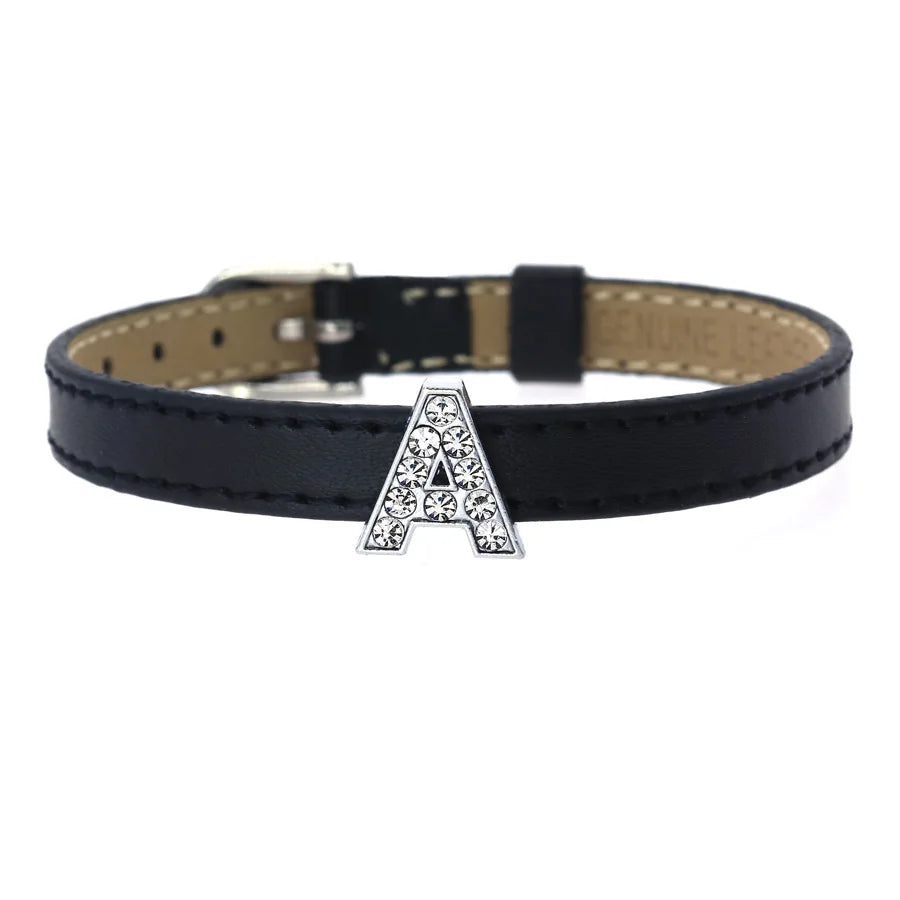 8mm rhinestone alphabet letter charm on a black leather pet collar for personalized DIY dog and cat jewelry.