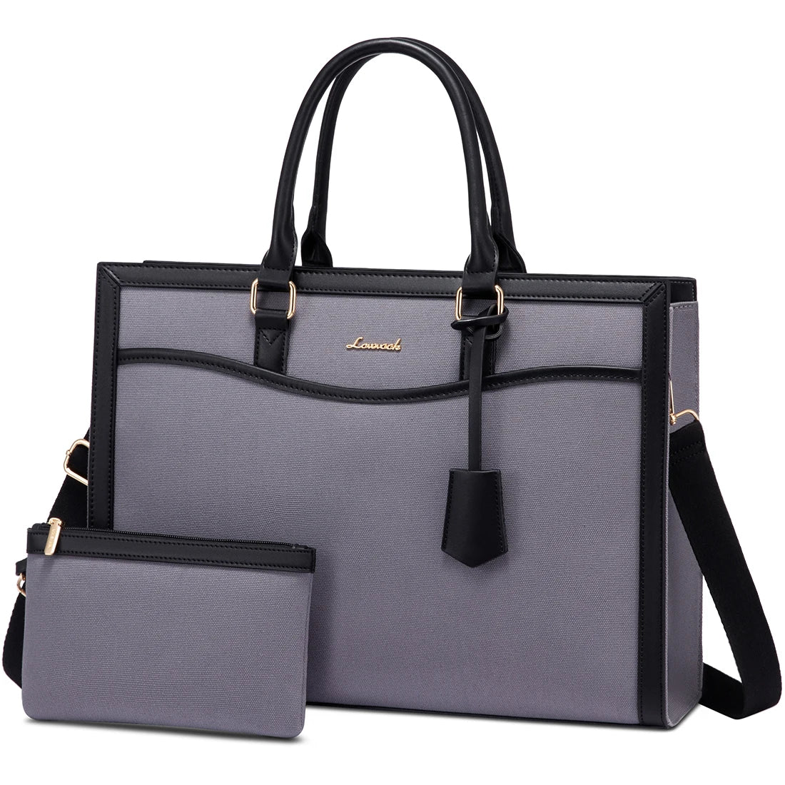 Grey and black LOVEVOOK designer business laptop tote bag with shoulder strap and matching pouch.