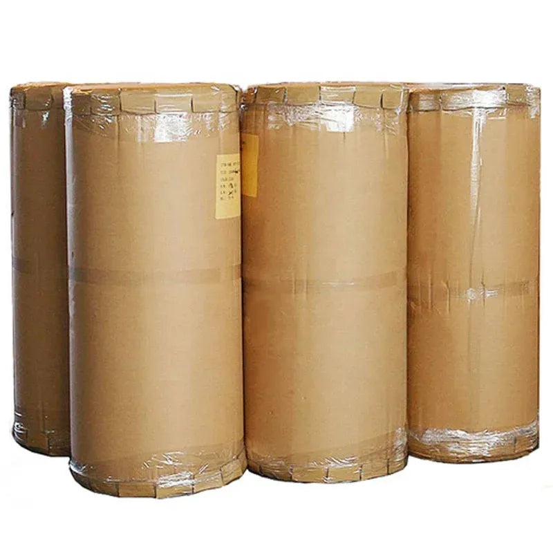 BOPP adhesive tape jumbo rolls, three cardboard-wrapped rolls standing upright