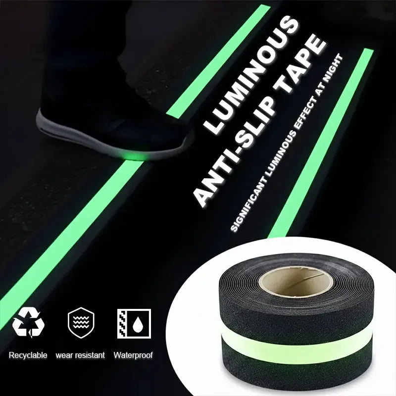 Black anti-slip tape on shoe with neon green stripes showing glow effect