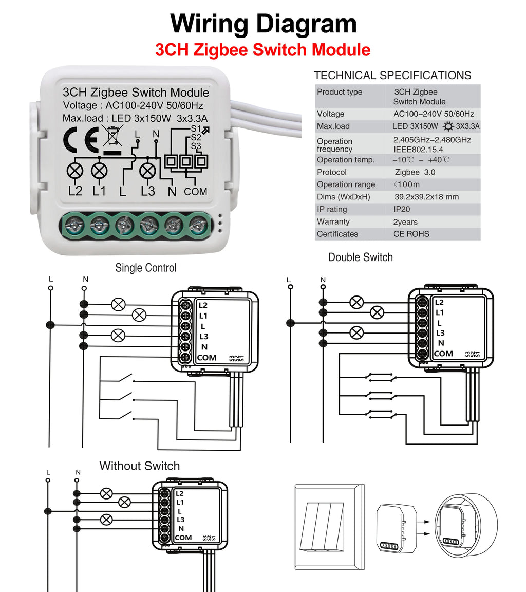 GIRIER Tuya ZigBee 3.0 Switch Module 10A Smart Home DIY Breaker 1 2 3 4 Gang Supports 2 Way Control Works with Alexa Google Home