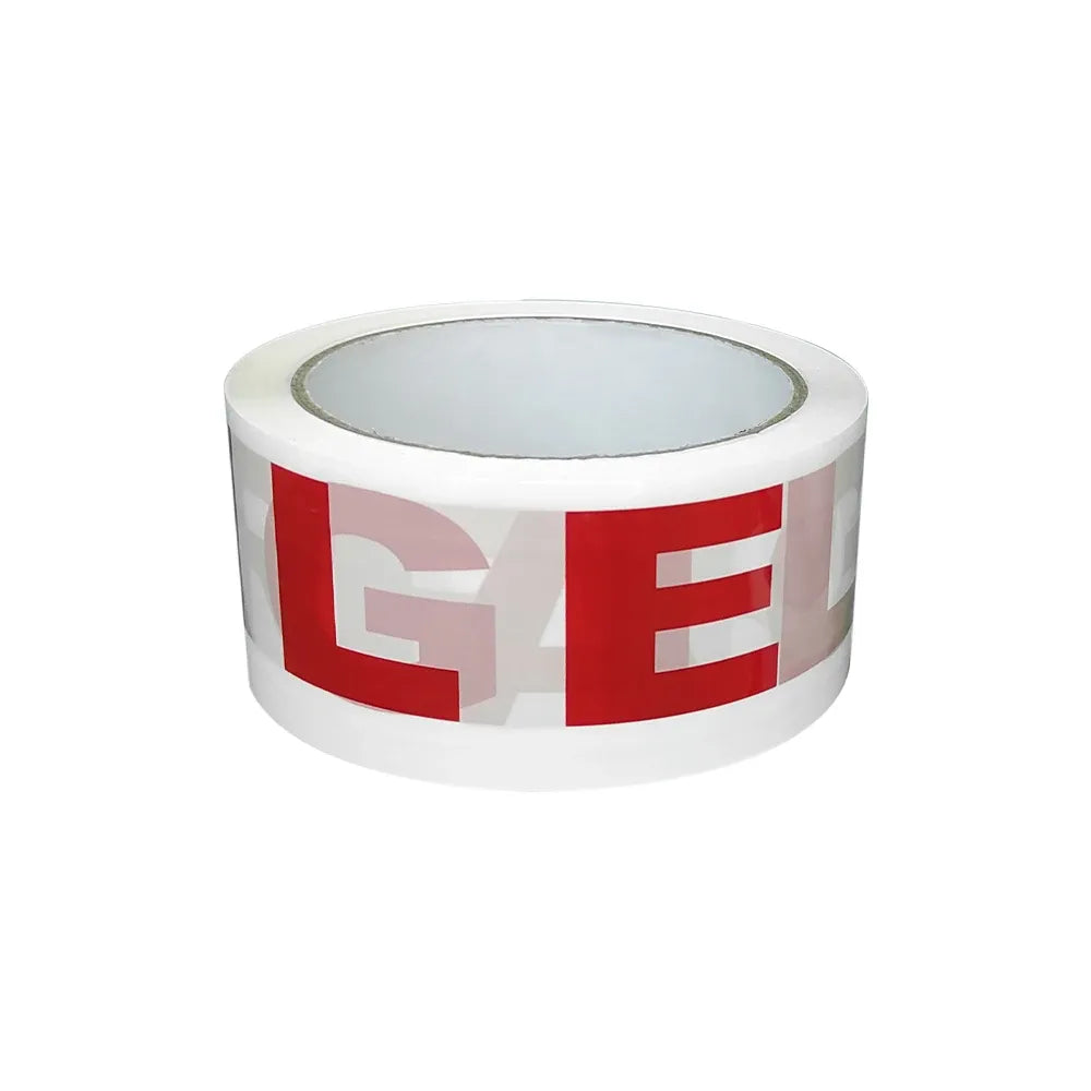 Printed clear packing tape roll with red and white letters, transparent glossy tape