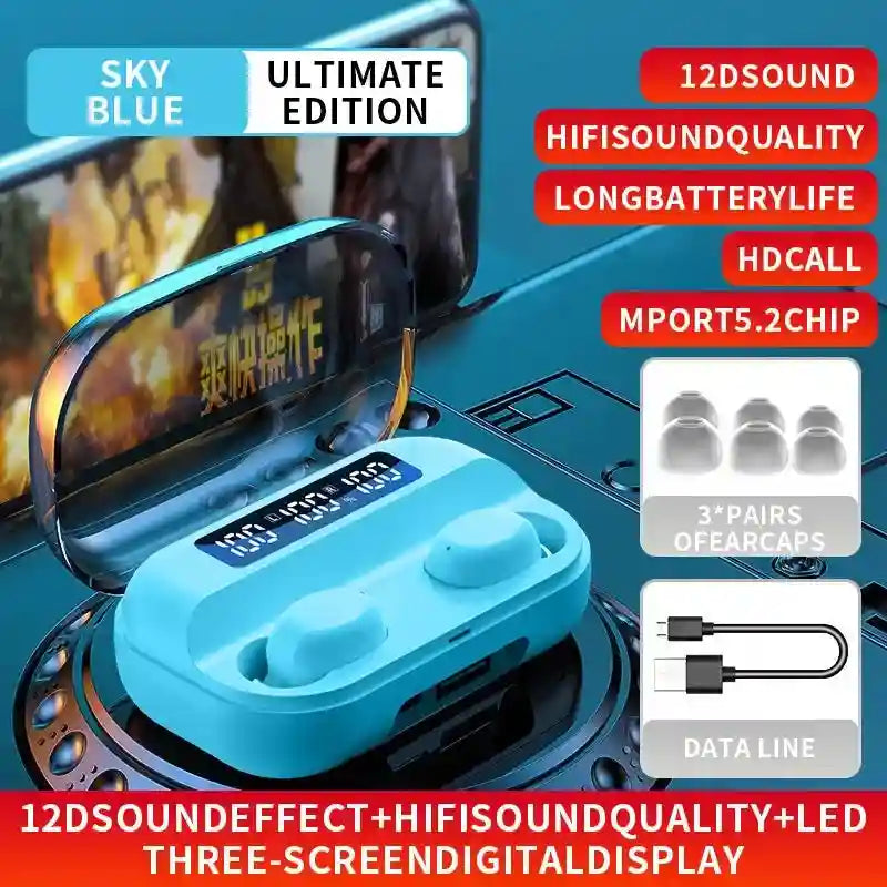 Wireless Sports Earbuds With LED Display - Tidesmit Audio Blue Tidesmit