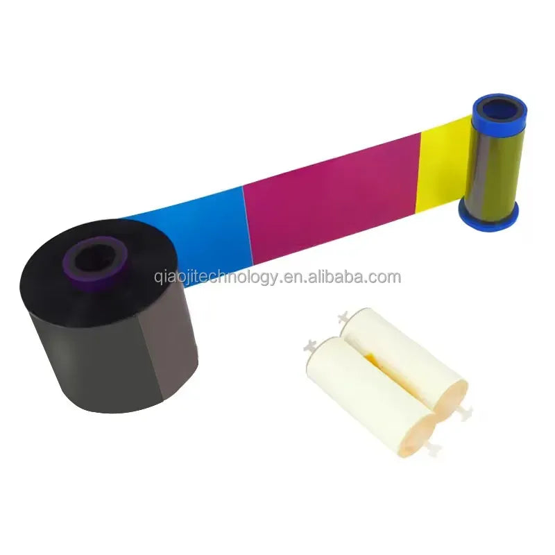Color printer ribbon roll pair with multi-color ribbon strip and two white cleaning rollers