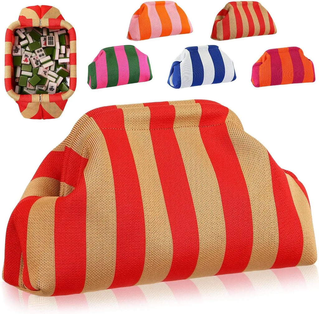 Striped knit Mahjong tile bag and storage trunk in multiple colors with large capacity frame opening.