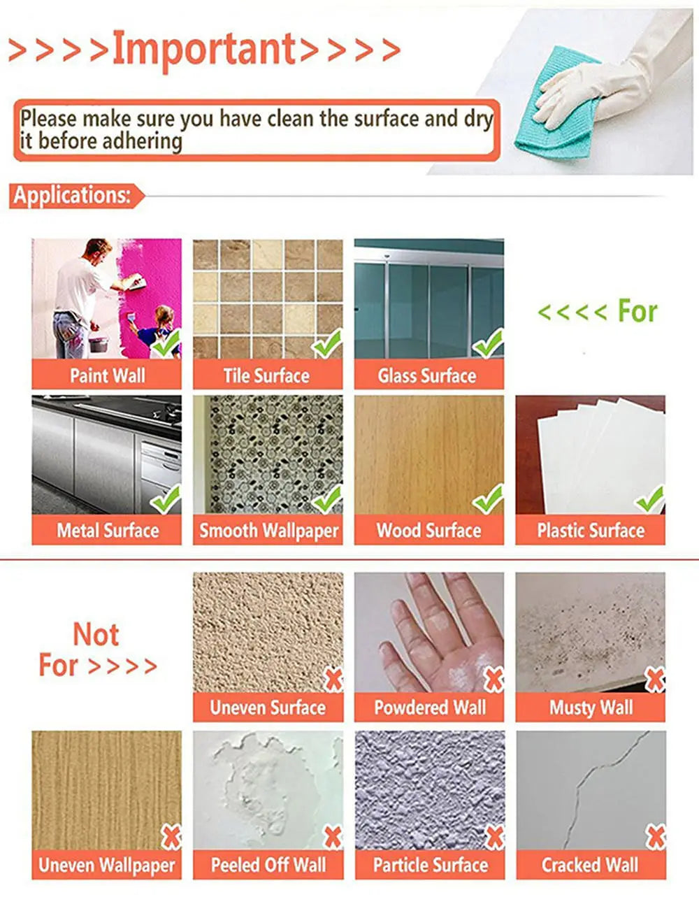 Self-adhesive wallpaper surface prep instruction infographic with icons