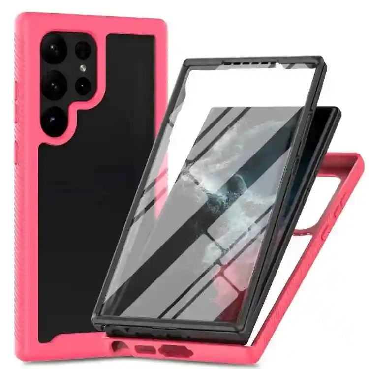 Hot pink and black multi-piece protective phone case for Samsung Galaxy S24 Ultra with built-in screen protector.