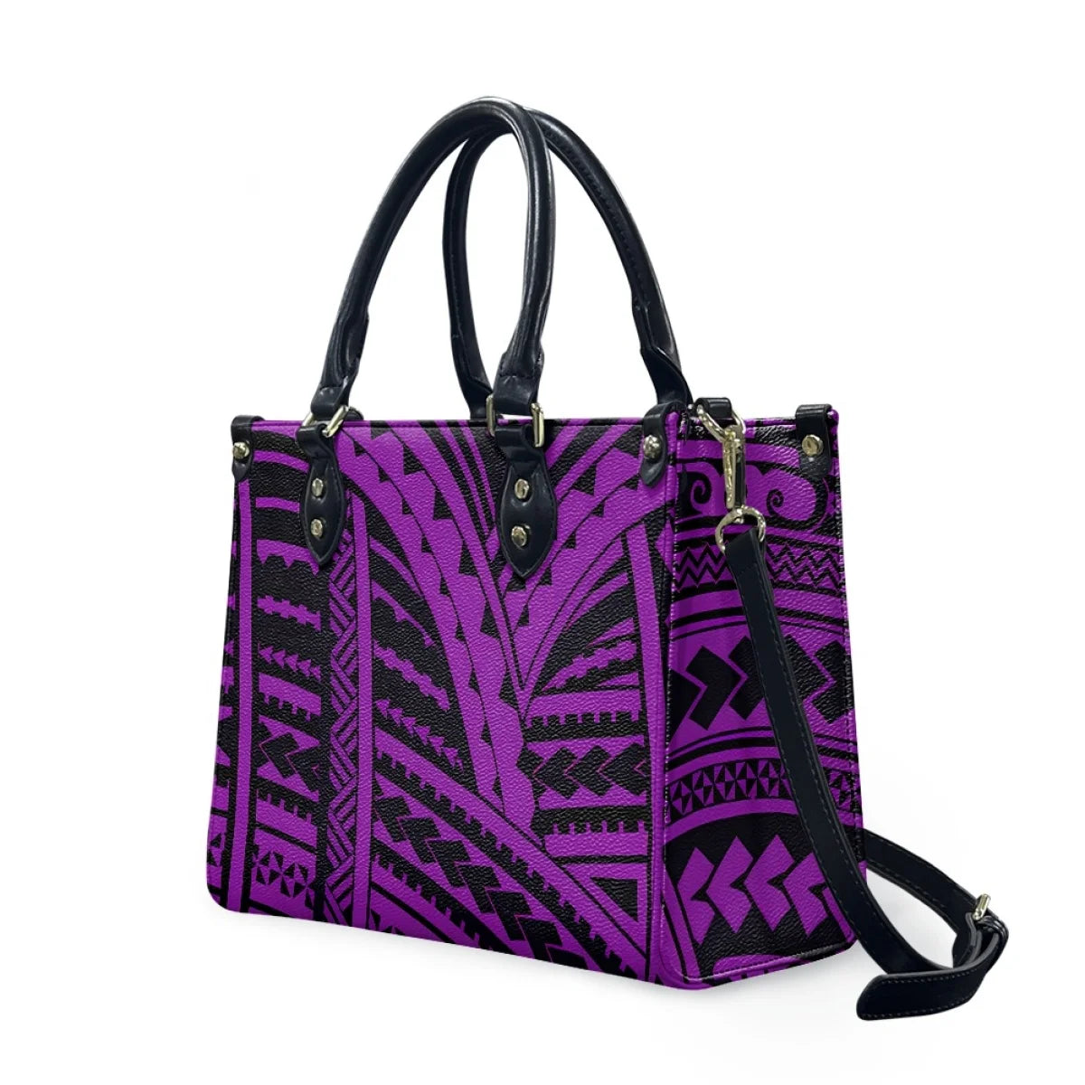 Purple and black faux leather tote bag with traditional Polynesian Samoan tribal patterns and detachable shoulder strap.