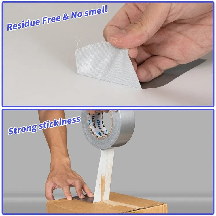 Grey silver duct tape strip being pressed by hand on a small surface