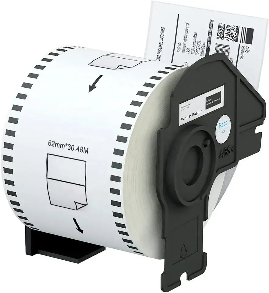 White continuous label roll on dispenser, 62mm x 30.48m layout shown