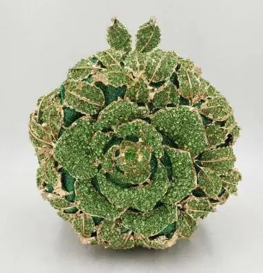 Green crystal flower designer clutch bag, elegant rhinestone evening handbag for wedding party.