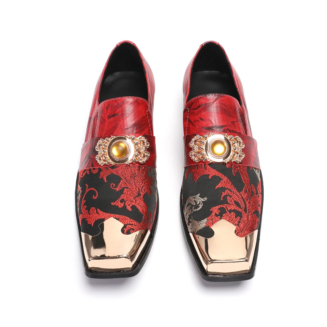 NA886 Men's Luxury Red Dress Shoes Metal Pointed Toe Loafers Wedding Party Formal Leather Shoes for Groom Stage Prom Performance