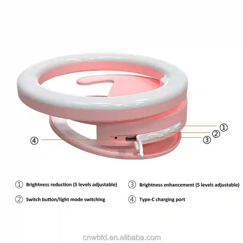 Pink, circular clip-on LED ring light for mobile phones with adjustable brightness and a Type-C charging port.