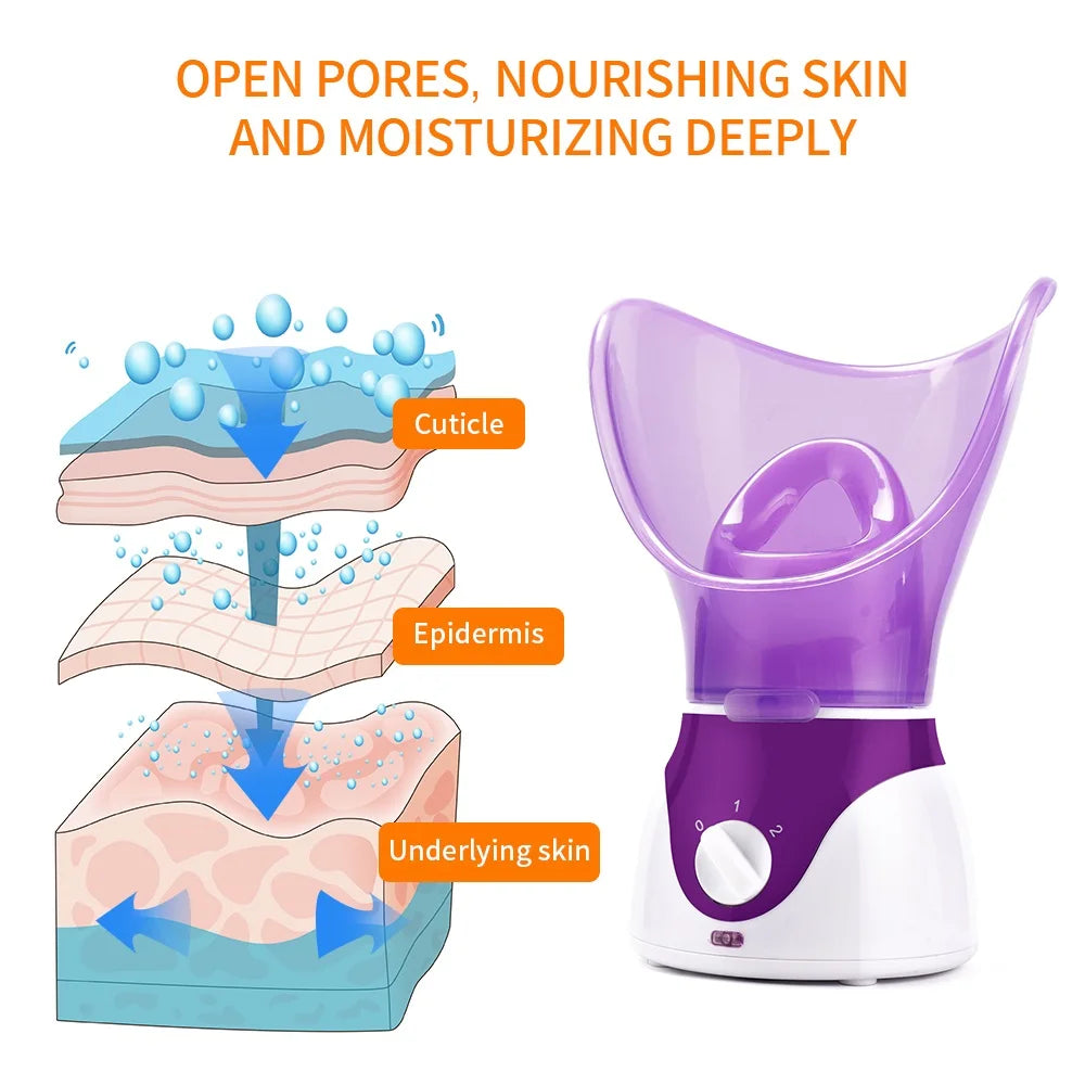 Purple facial steamer for deep pore cleansing and skin moisturizing with an adjustable intensity control dial.