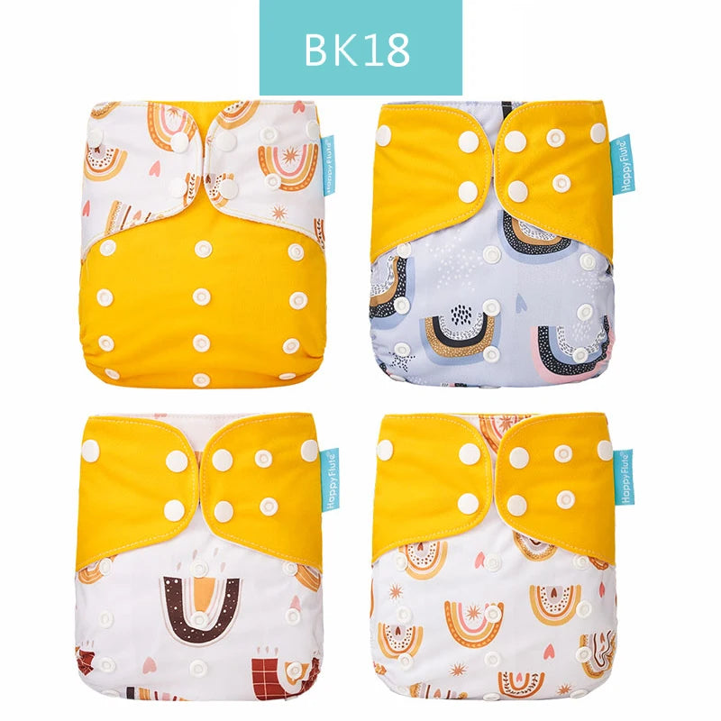 Happy Flute adjustable cloth diapers, 4-pack set with rainbow patterns and snap closures for baby care.