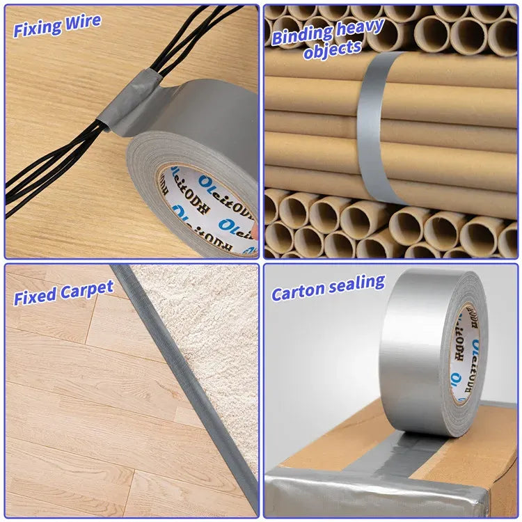 Grey duct tape roll with sealing strip for fixing and wire or carpet fastening
