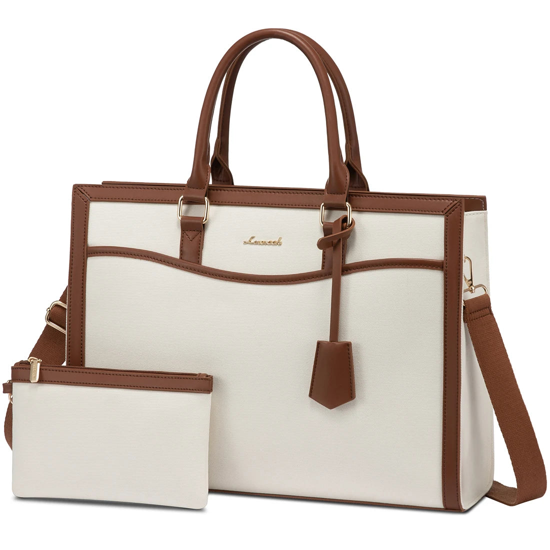 LOVEVOOK designer laptop tote in white canvas and brown leather, featuring dual handles, shoulder strap, and coin pouch.