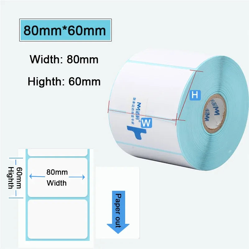 Thermal label sticker roll, 80mm wide and 60mm high, blue backing