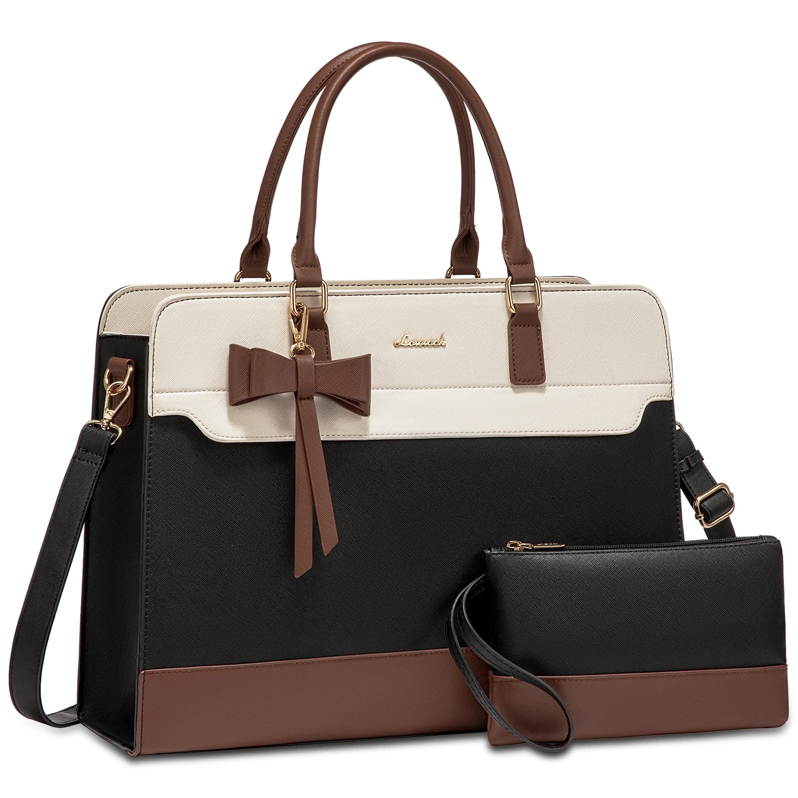 LOVEVOOK designer laptop tote in black, white, and brown faux leather with a bow charm and matching wristlet clutch.