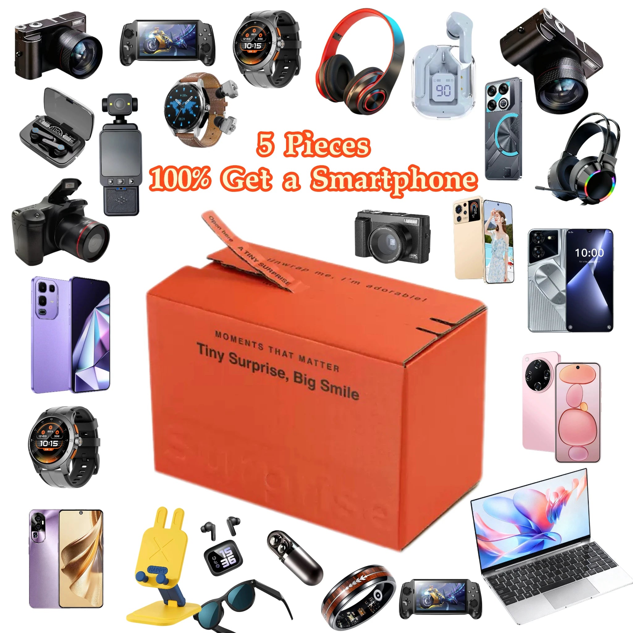 Orange shipping box surrounded by various electronics including smartphones, cameras, watches, and headphones.