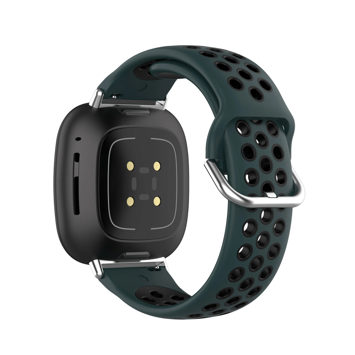 Dark green perforated silicone sport watch band with metal buckle, shown with smartwatch