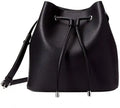 Black pebbled PU leather bucket bag with drawstring closure, silver hardware, and adjustable shoulder strap.