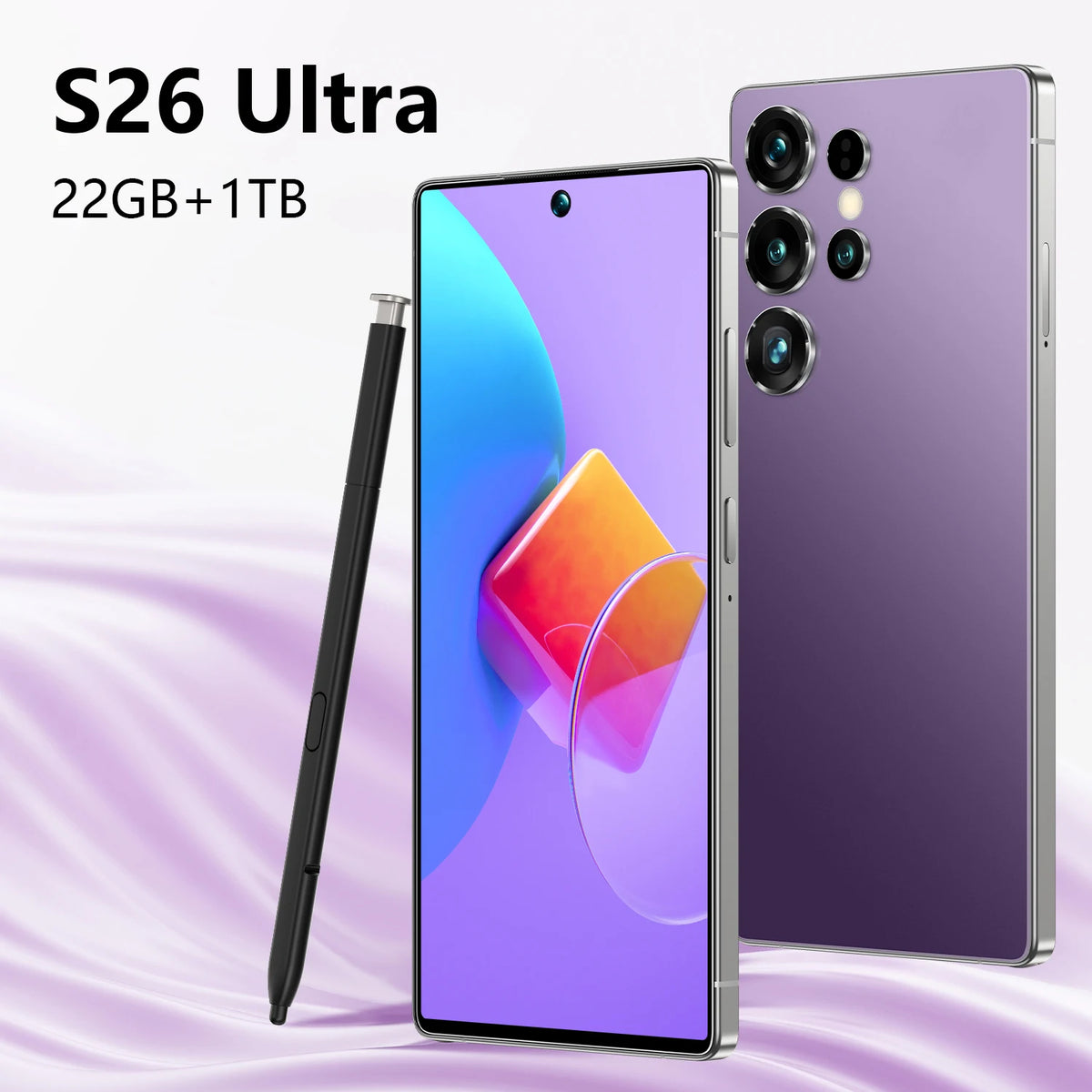 Purple smartphone shown front and back with quad cameras, includes slim stylus