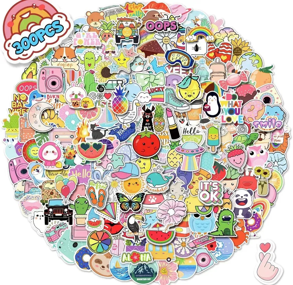 Set of 300 cute vinyl waterproof stickers, mixed cartoon food and animals shapes