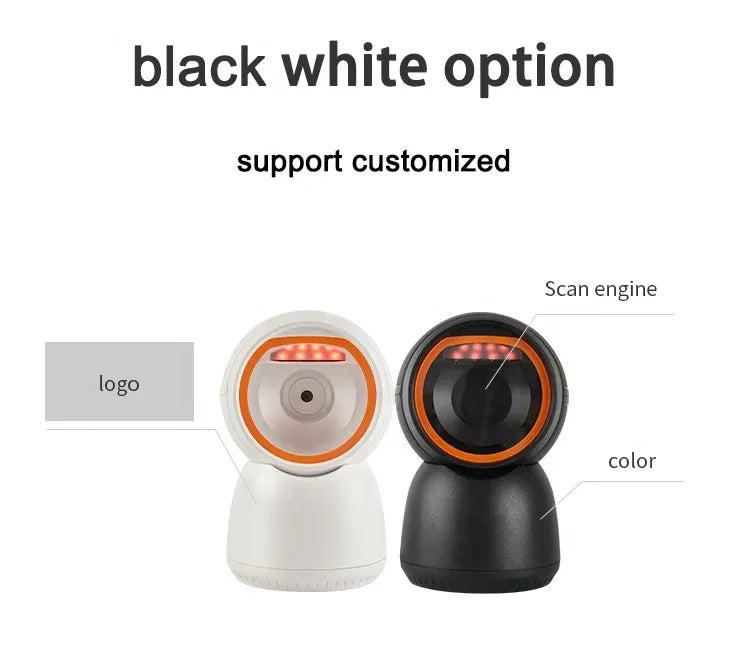 Desktop barcode/QR scanner pair: white and black housings with colored scanning rings