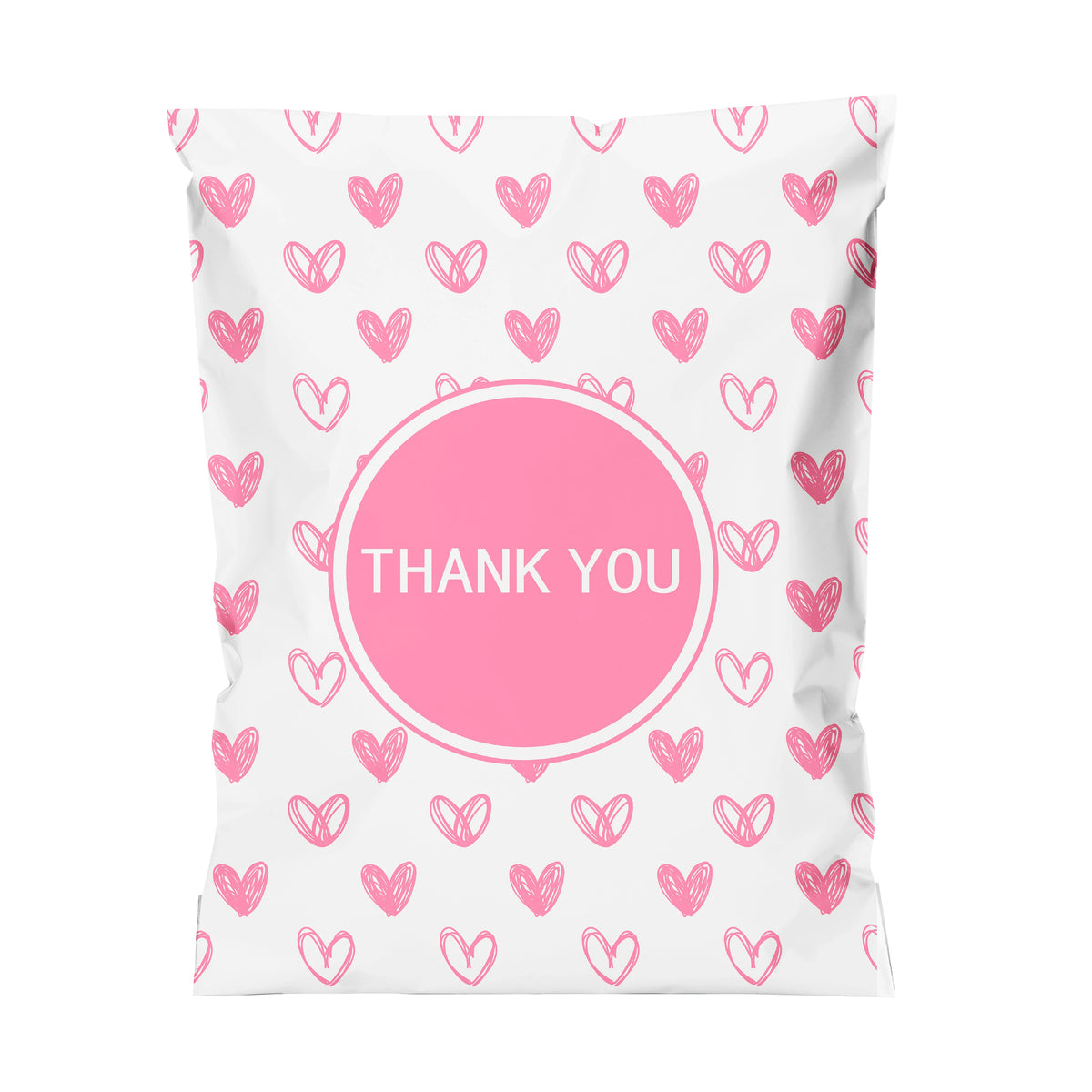 Pink heart-printed poly mailer bag with large 'THANK YOU' circle seal