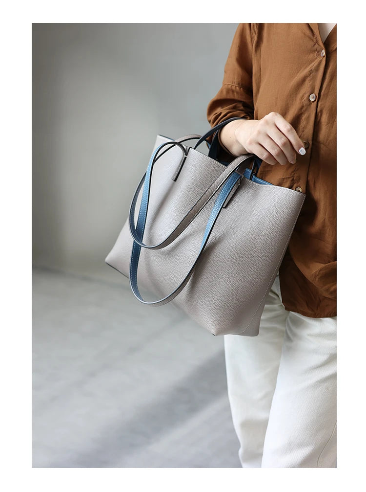 Women Luxury Genuine Leather Tote Soft Cowhide Handbag Two Sides Available Using Shoulder Bags Versatile And Durable