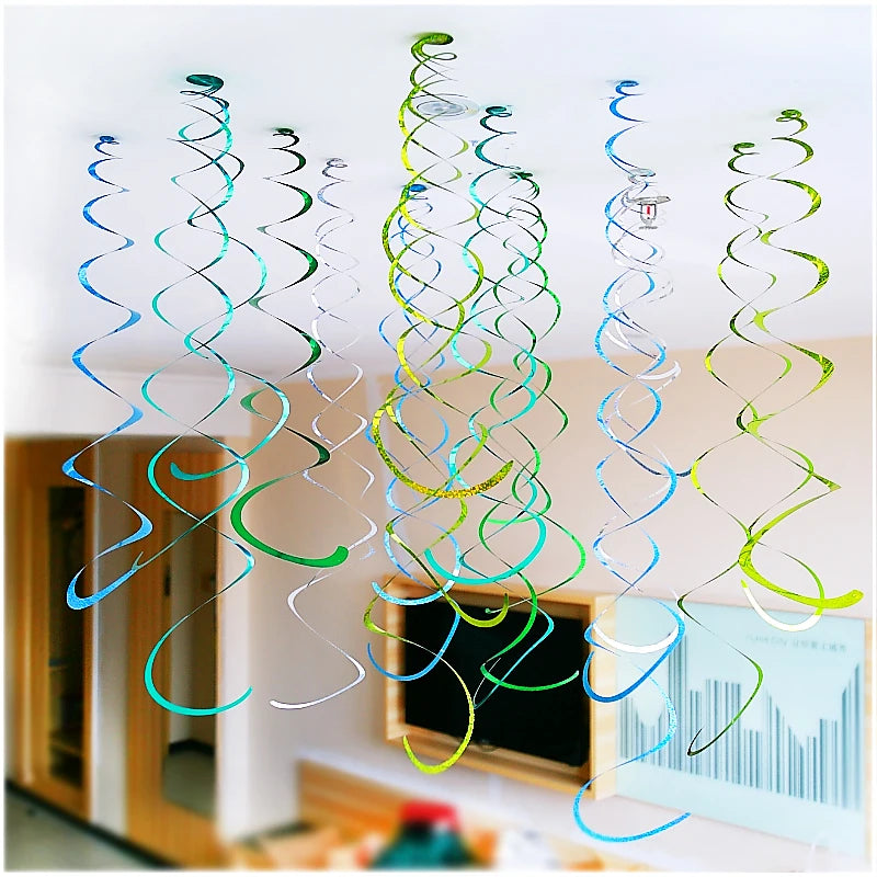 6pcs colorful laser hanging swirl decorations for festive party, birthday, or celebration room decor.