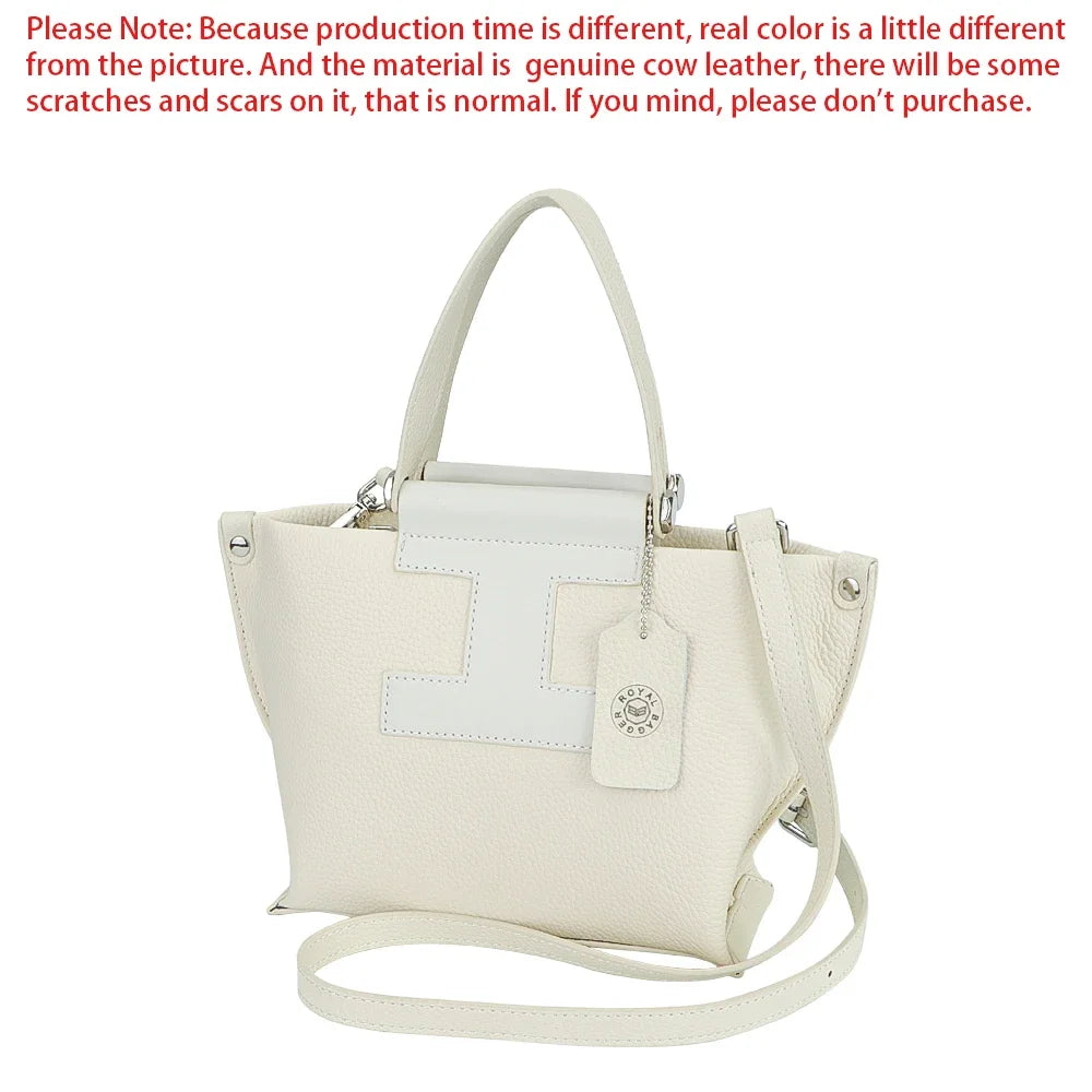 Royaa white handmade genuine cow leather designer tote bag with H-pattern, top handle, and adjustable shoulder strap.