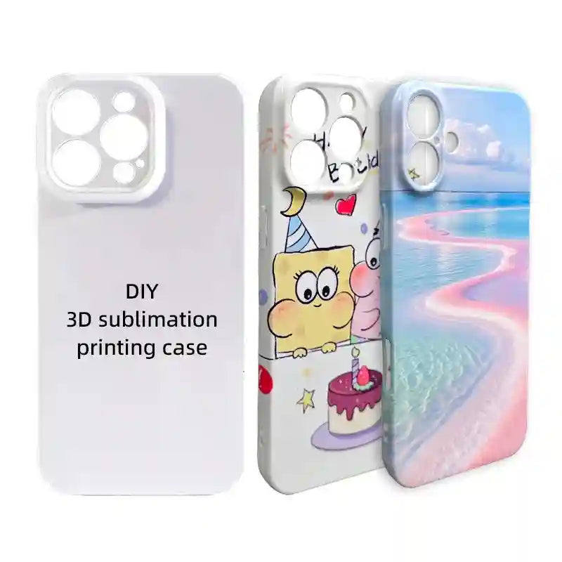Blank white phone case for 3D sublimation, shown with printed cartoon and beach landscape designs for customization.