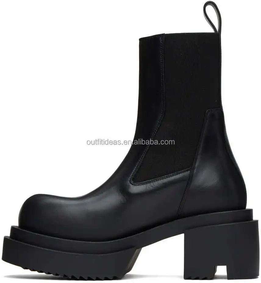 Calfskin Boots in Black Original Unisex Women Platform Block Heel Dress Leather Shoes Men Chelsea Boots Beatle Bogun Ankle Boots