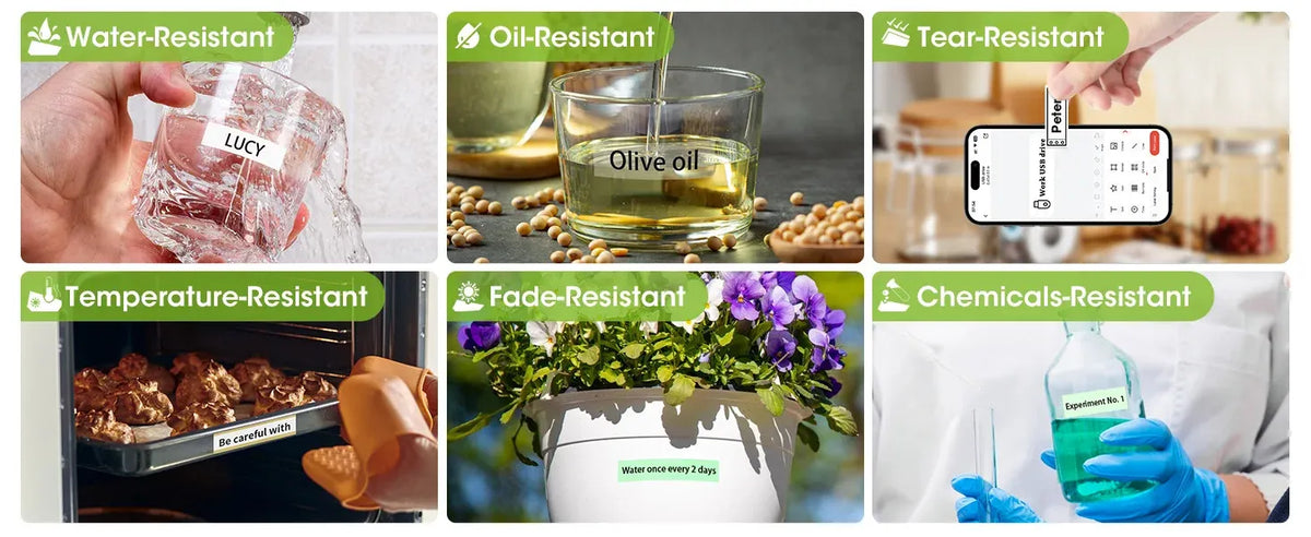 Pack of thermal labels with durability icons for water, oil, tear, and chemical resistance