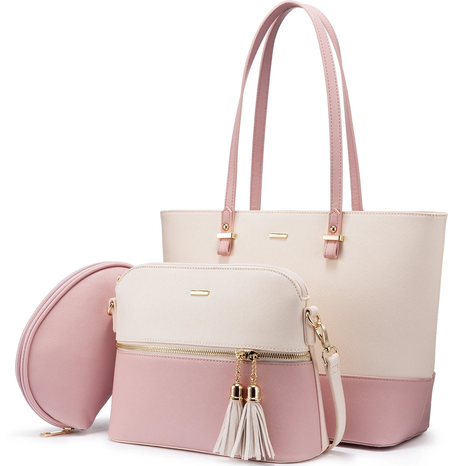 LOVEVOOK 3-piece designer handbag set in blush pink and cream PU leather with gold tassel and zipper accents.