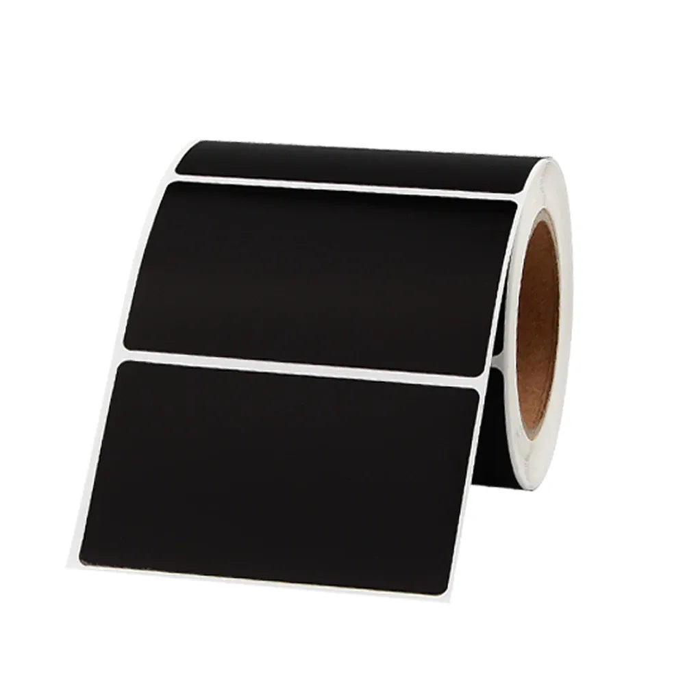 Black self-adhesive label roll with multiple rectangular labels on white backing