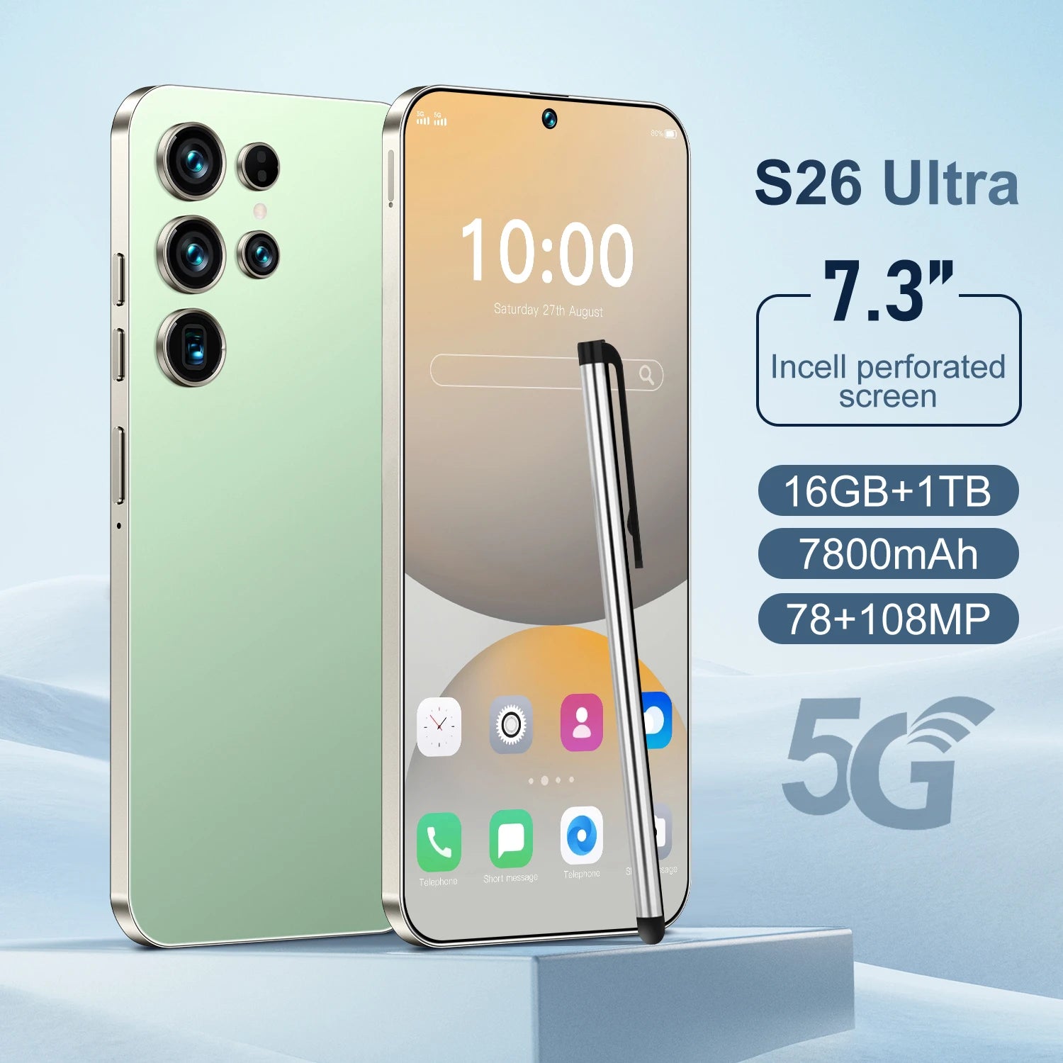 5G Smartphone 16GB RAM 1TB Storage - 7.3-inch HD Display Unlocked Light green 16g 1TB Tidesmit