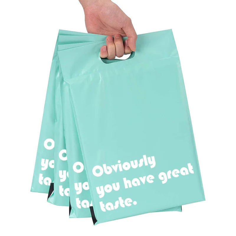 Teal plastic poly mailer bag with white logo text, fold-over handle opening