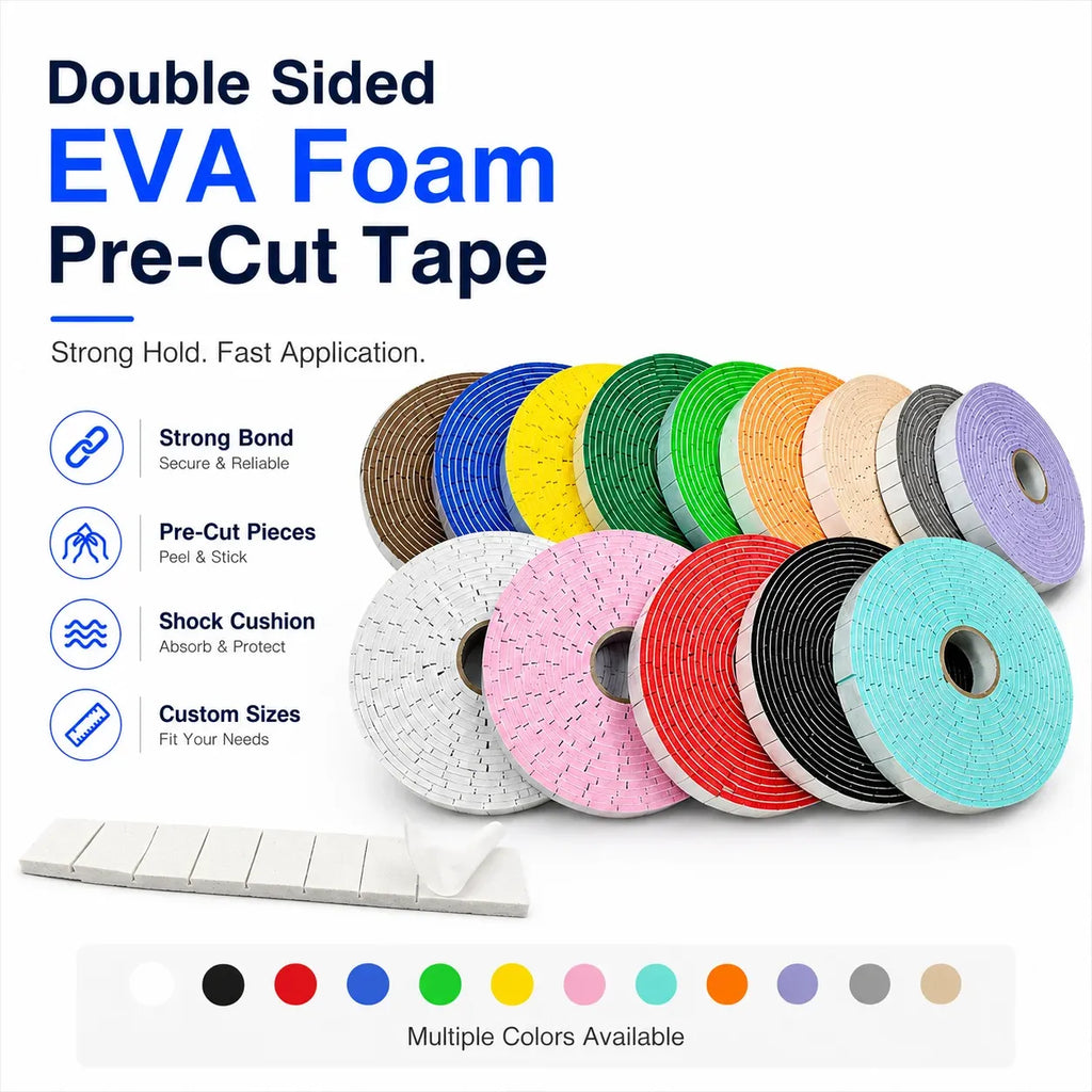 Double-sided EVA foam tape rolls in multiple colors on a reel set