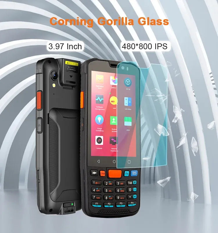 Black rugged PDA with Corning Gorilla Glass protected touchscreen and keypad