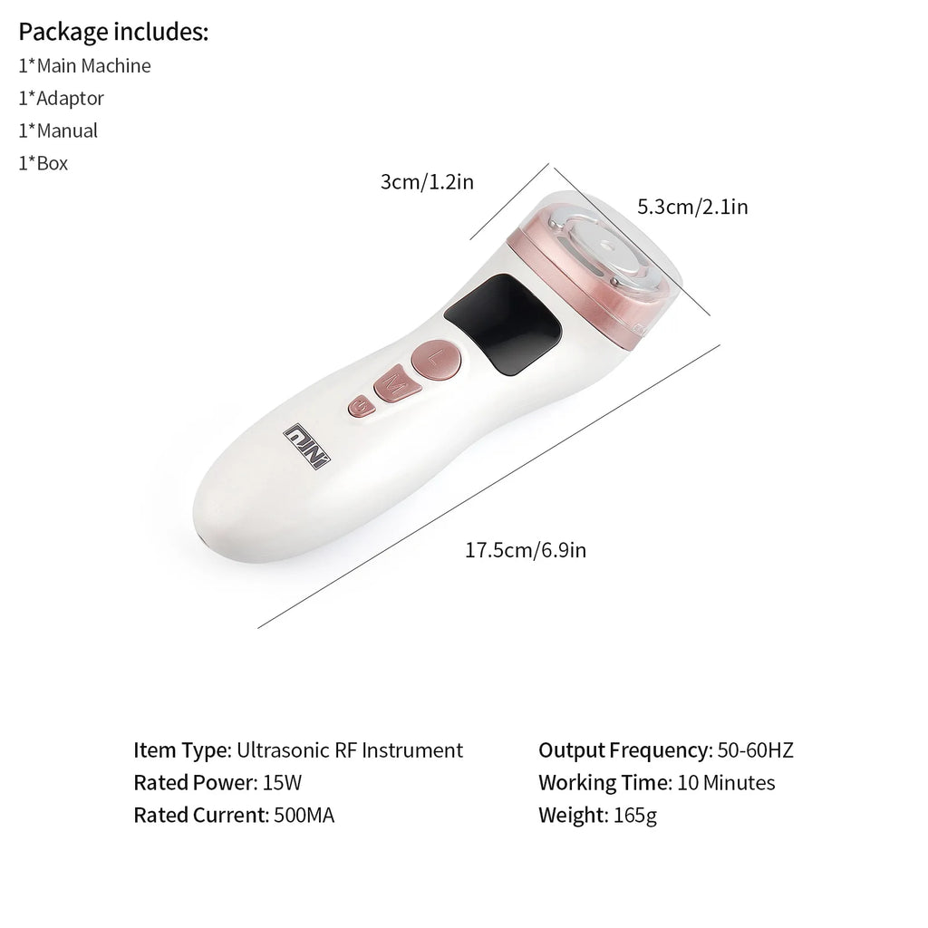 White and rose gold handheld ultrasonic facial lifting device with three control buttons and a metallic treatment head.