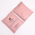 Pink poly mailer shipping bags with printed logo and social icons