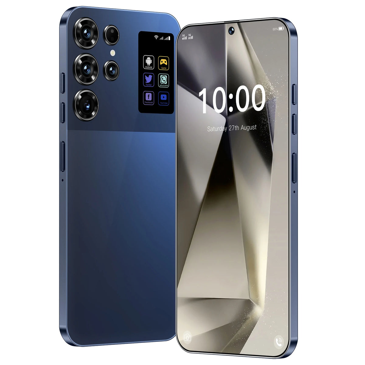 Blue smartphone showing rear cameras and lit front screen
